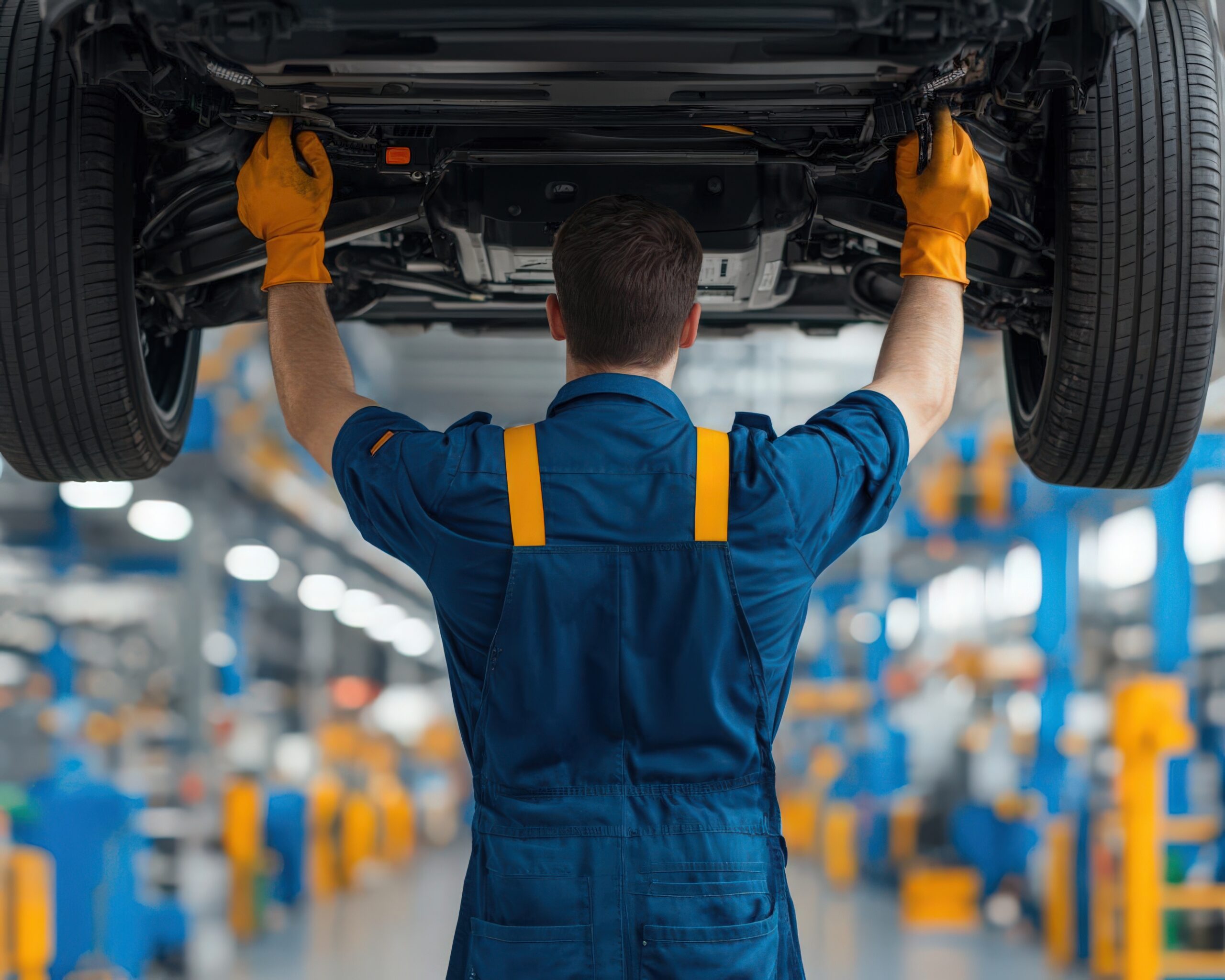 Technician performing a structural safety inspection on a vehicle, ensuring compliance with Ontario safety standards.