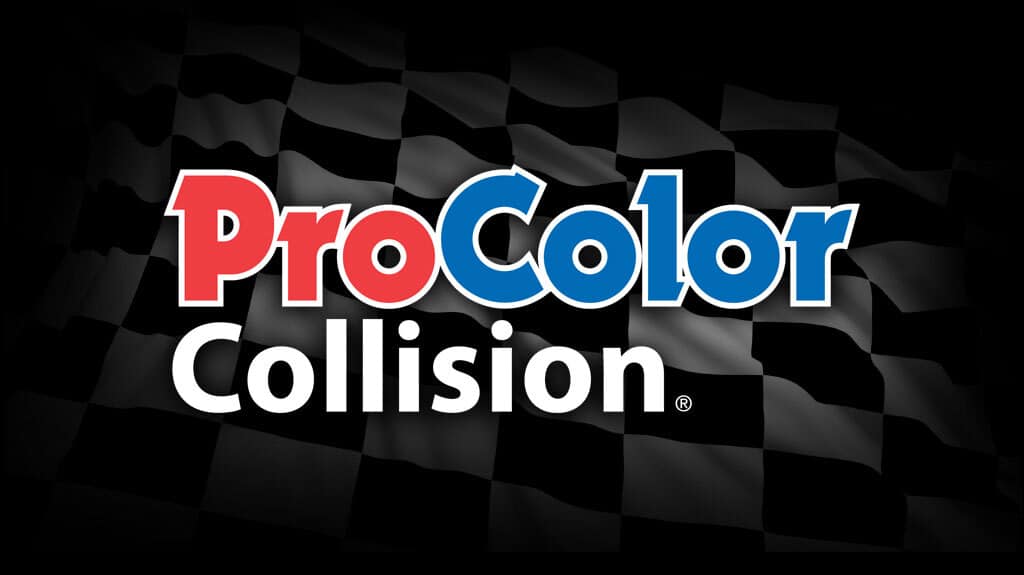 ProColor Collision logo in bold red, blue, and white text over a black and gray checkered flag background.